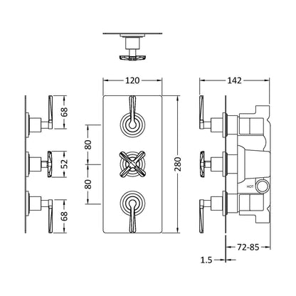 [BSCN4023L] Levedale Triple Concealed Crosshead Thermostatic Shower Valve with Diverter (3 Outlets) - Technical Drawing