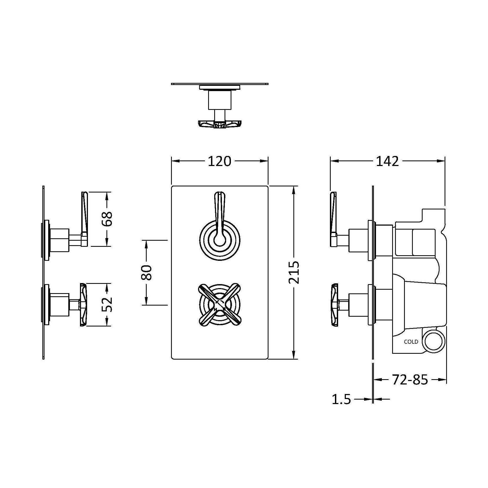 [BSCN4207L] Levedale Twin Concealed Crosshead Thermostatic Shower Valve with Diverter (2 Outlets) - Technical Drawing