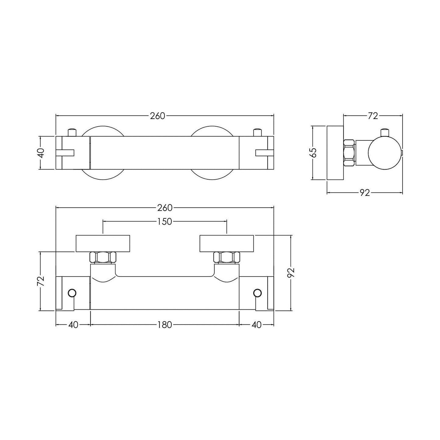 [BSCU503] Balterley Current Contemporary Wall Mounted Round Thermostatic Bar Valve with Bottom Outlet - Polished Chrome Finish - Technical Drawing