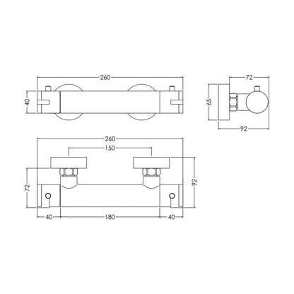 [BSCU503] Balterley Current Contemporary Wall Mounted Round Thermostatic Bar Valve with Bottom Outlet - Polished Chrome Finish - Technical Drawing