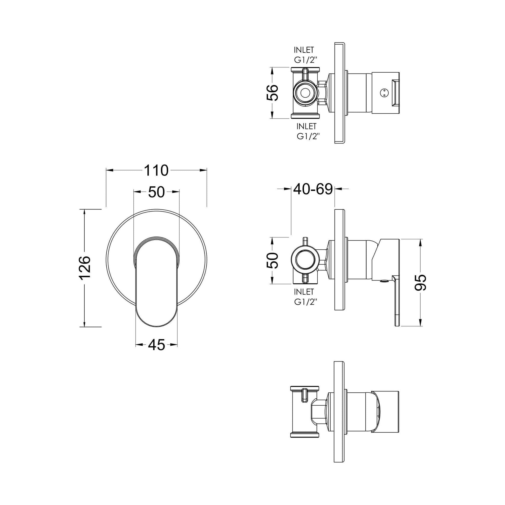 [BSCUMV10] Balterley Current Contemporary Round Concealed Manual Shower Valve with Lever Handle and Round Backplate - Chrome Finish - Technical Drawing