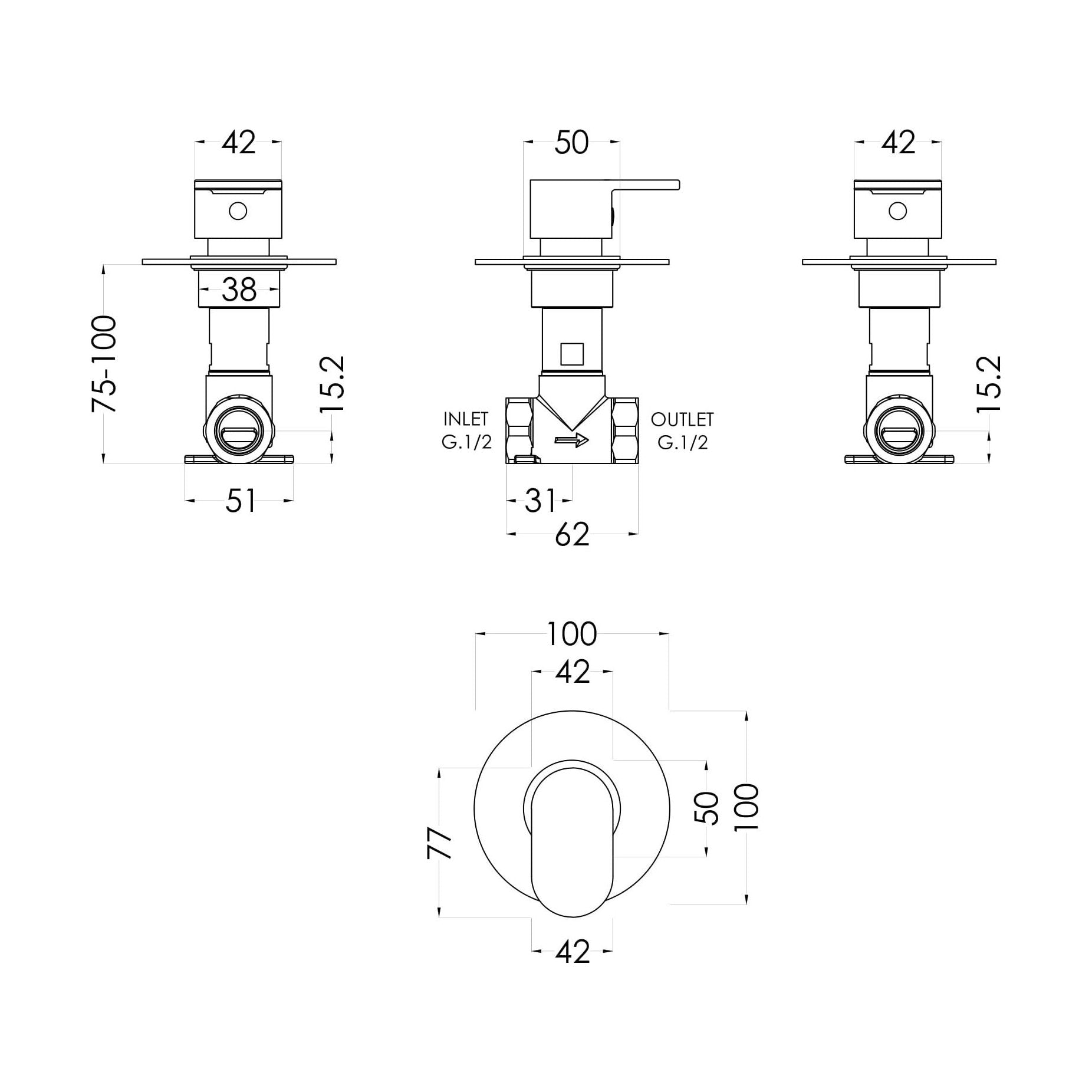 [BSCUST10] Balterley Current Contemporary Round Concealed Stop Tap with Lever Handle for Thermostatic Shower Control - Chrome Finish - Technical Drawing
