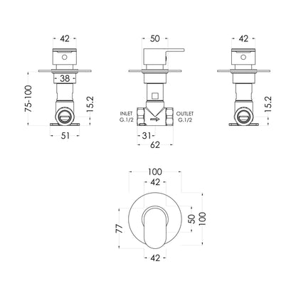 [BSCUST10] Balterley Current Contemporary Round Concealed Stop Tap with Lever Handle for Thermostatic Shower Control - Chrome Finish - Technical Drawing
