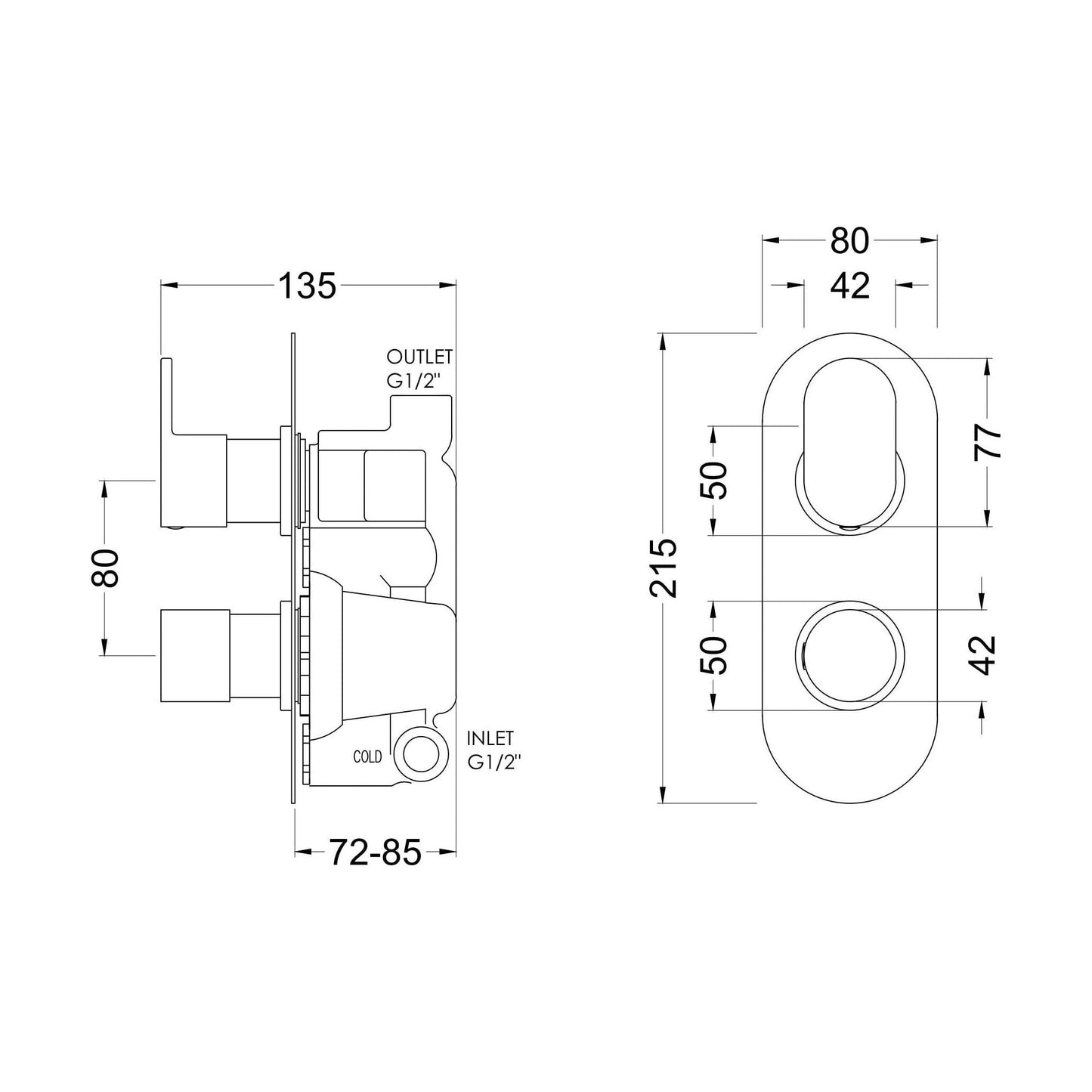 [BSCUTW01] Balterley Current Contemporary Round Twin Concealed Thermostatic Shower Valve with Lever and Knob Handles - Chrome Finish - Technical Drawing