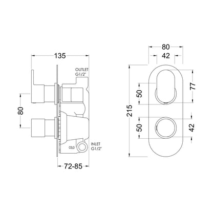 [BSCUTW01] Balterley Current Contemporary Round Twin Concealed Thermostatic Shower Valve with Lever and Knob Handles - Chrome Finish - Technical Drawing