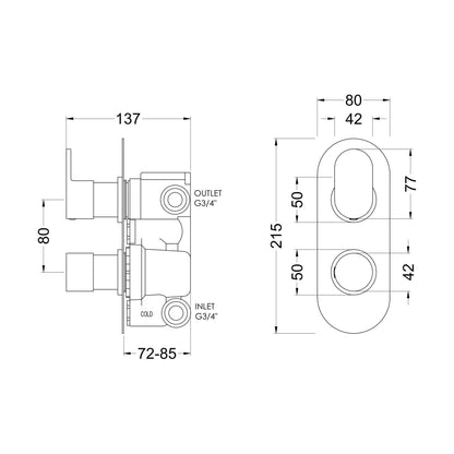 [BSCUTW02] Balterley Current Contemporary Round Twin Concealed Thermostatic Shower Valve with Diverter and Lever Handles - Chrome Finish - Technical Drawing