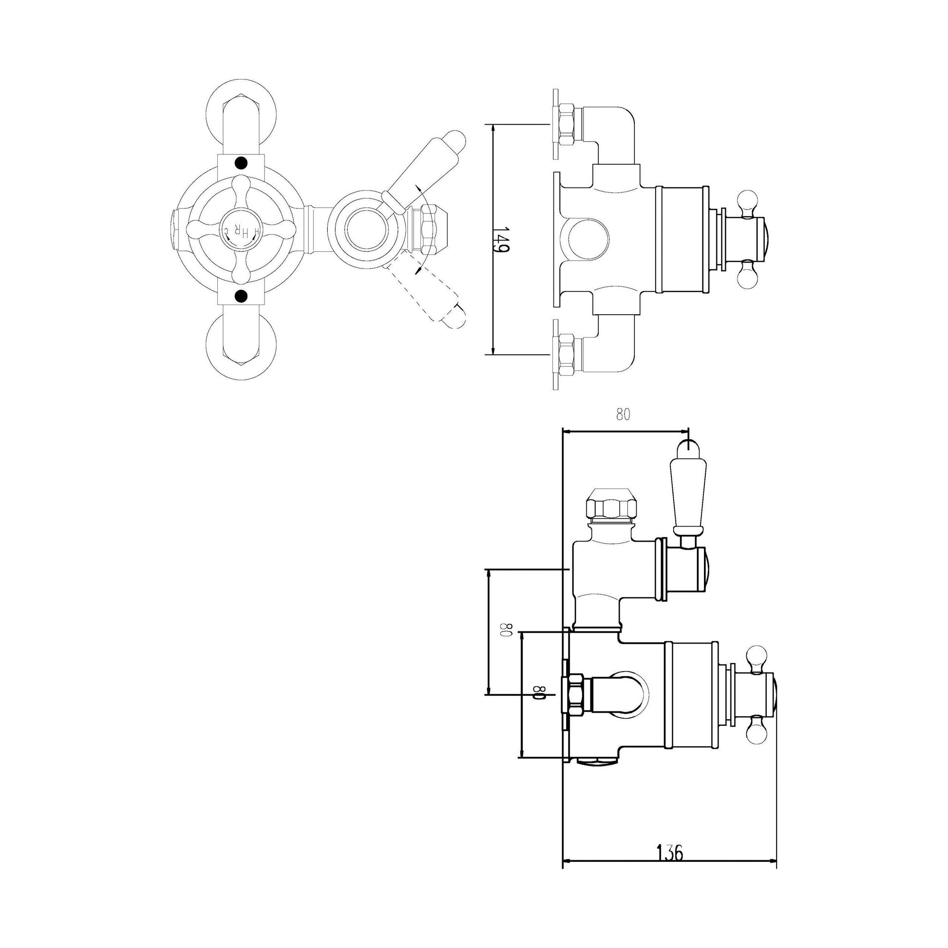 [BSED099E] Traditional Exposed Twin Thermostatic Shower Valve - 1 Outlet - Chrome Finish - Premium Bathroom Shower Control Valve by Balterley - Technical Drawing