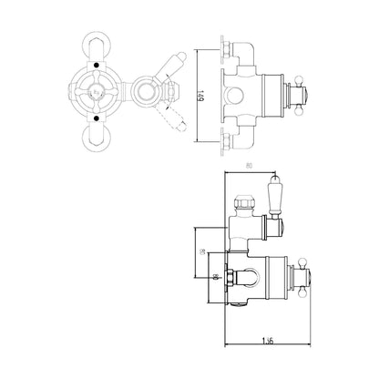 [BSED099E] Traditional Exposed Twin Thermostatic Shower Valve - 1 Outlet - Chrome Finish - Premium Bathroom Shower Control Valve by Balterley - Technical Drawing