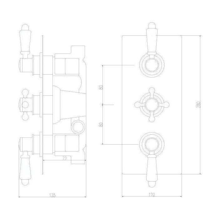 [BSED315] Traditional Concealed Triple Thermostatic Shower Valve with 2 Outlets in Chrome Finish by Balterley - Technical Drawing
