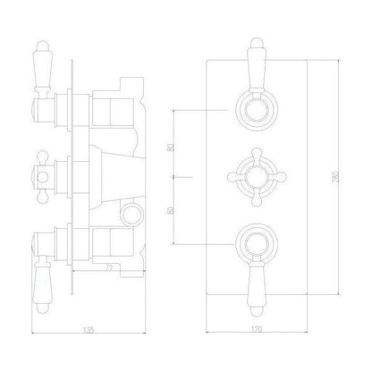 [BSED315] Traditional Concealed Triple Thermostatic Shower Valve with 2 Outlets in Chrome Finish by Balterley - Technical Drawing