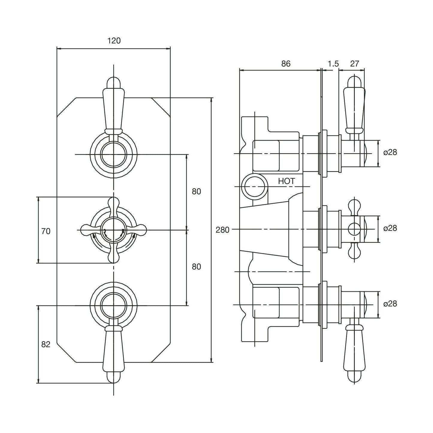 [BSED317] Traditional Concealed Triple Thermostatic Shower Valve with 2 Outlets in Chrome by Balterley - Technical Drawing