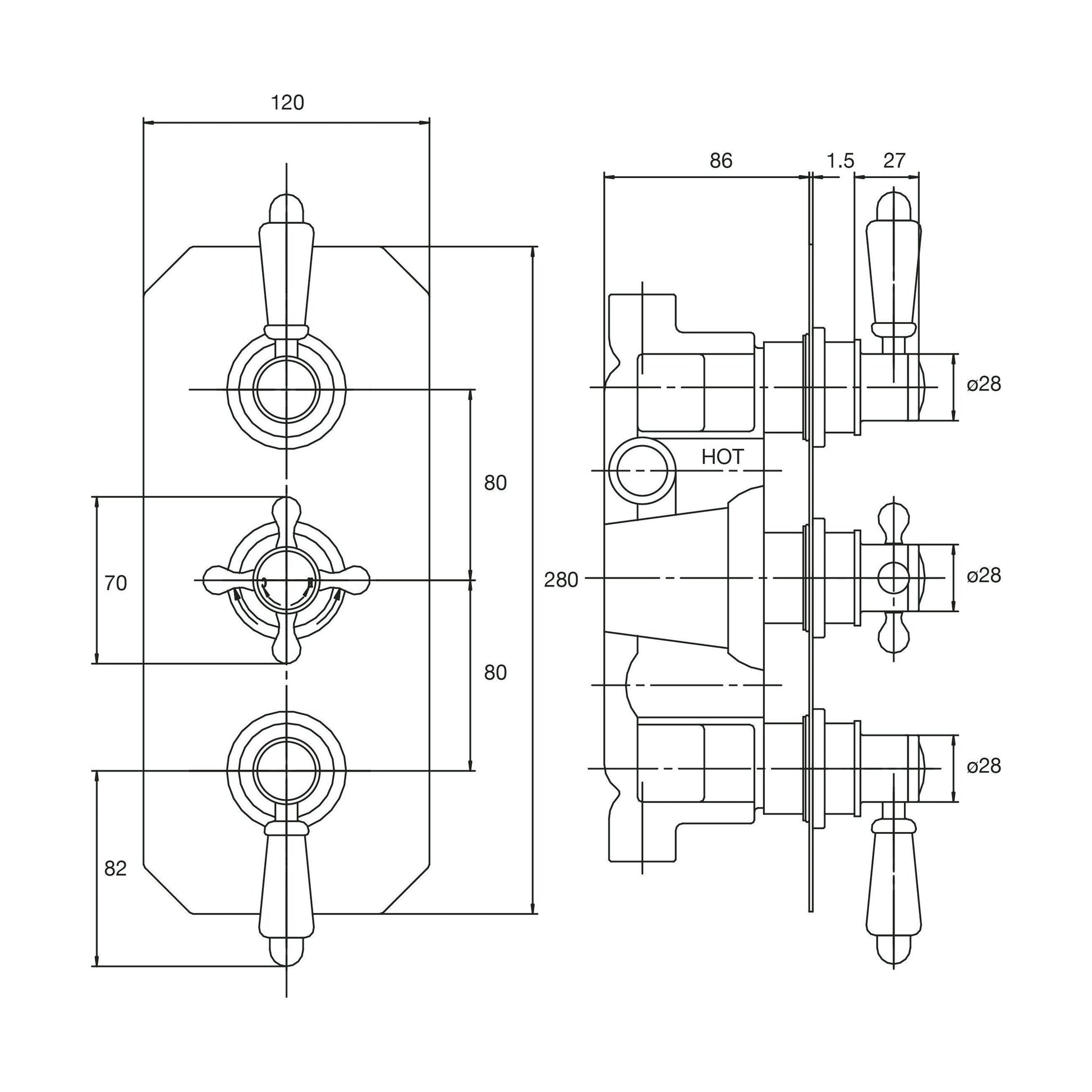 [BSED317] Traditional Concealed Triple Thermostatic Shower Valve with 2 Outlets in Chrome by Balterley - Technical Drawing