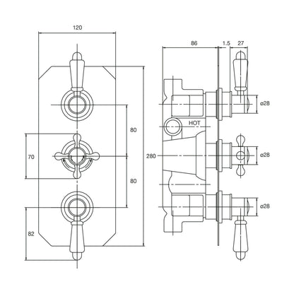 [BSED317] Traditional Concealed Triple Thermostatic Shower Valve with 2 Outlets in Chrome by Balterley - Technical Drawing