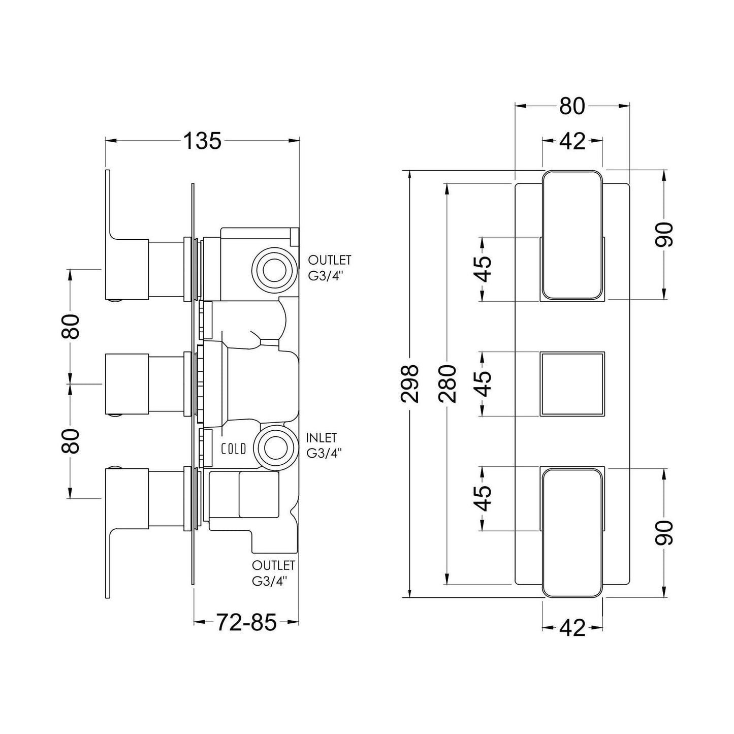 [BSEM15TR03] Empire Triple Thermostatic Valve W/DIV - Technical Drawing