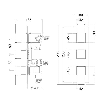 [BSEM15TR03] Empire Triple Thermostatic Valve W/DIV - Technical Drawing