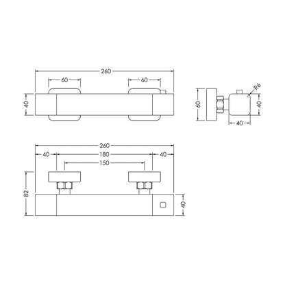 [BSEM503] Empire Contemporary Bathroom Wall Mount Square Thermostatic Bar Valve with Bottom Outlet, 55mm x 261mm, Chrome - Balterley - Technical Drawing