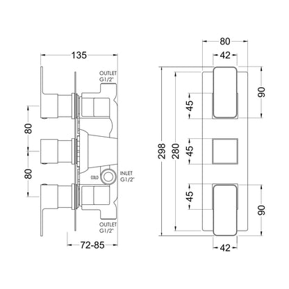 [BSEM7TR02] Empire Contemporary Square Concealed Triple Thermostatic Shower Valve with 2 Outlets Solid Brass - Brushed Pewter by Balterley - Technical Drawing
