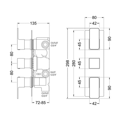 [BSEM8TR03] Empire Contemporary Square Concealed Triple Thermostatic Shower Valve with Diverter 3 Outlets - Brushed Brass Finish - Balterley - Technical Drawing