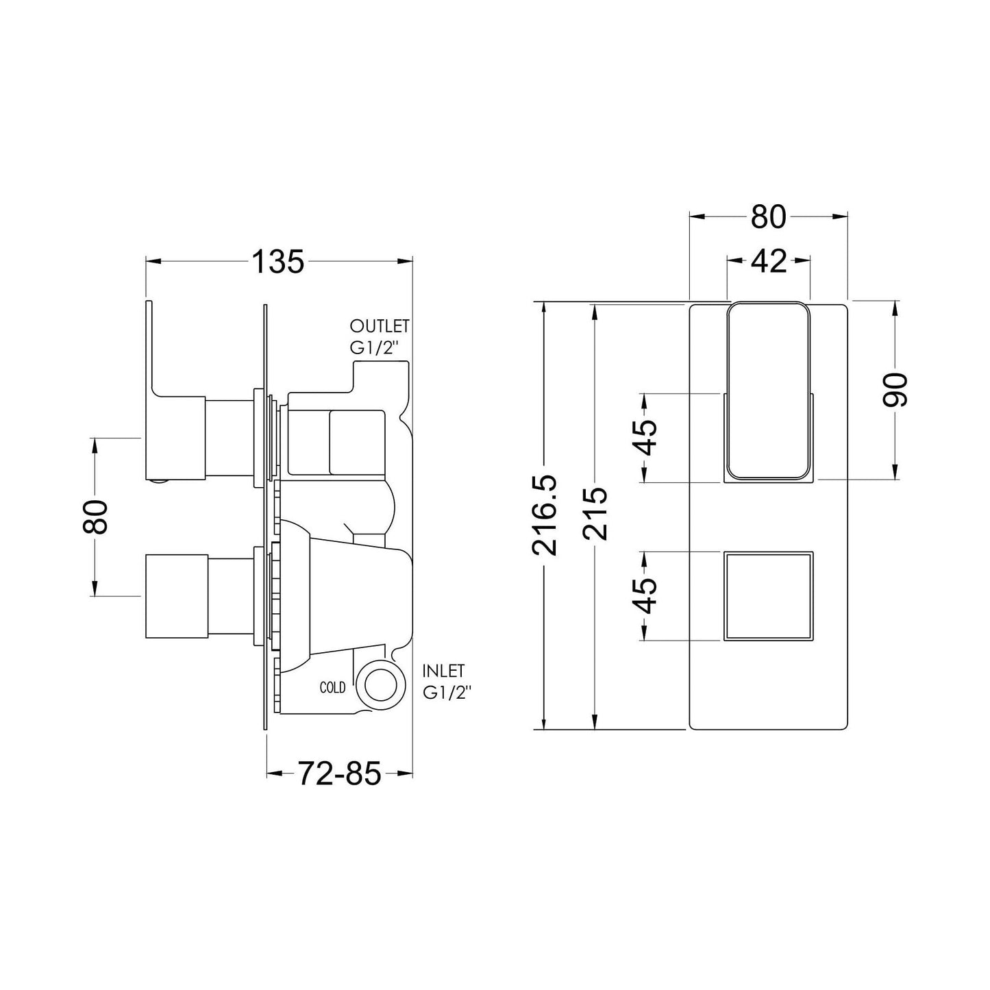 [BSEM8TW01] Empire Contemporary Square Concealed Twin Thermostatic Shower Valve, 215mm - Brushed Brass Bathroom Fixture by Balterley - Technical Drawing