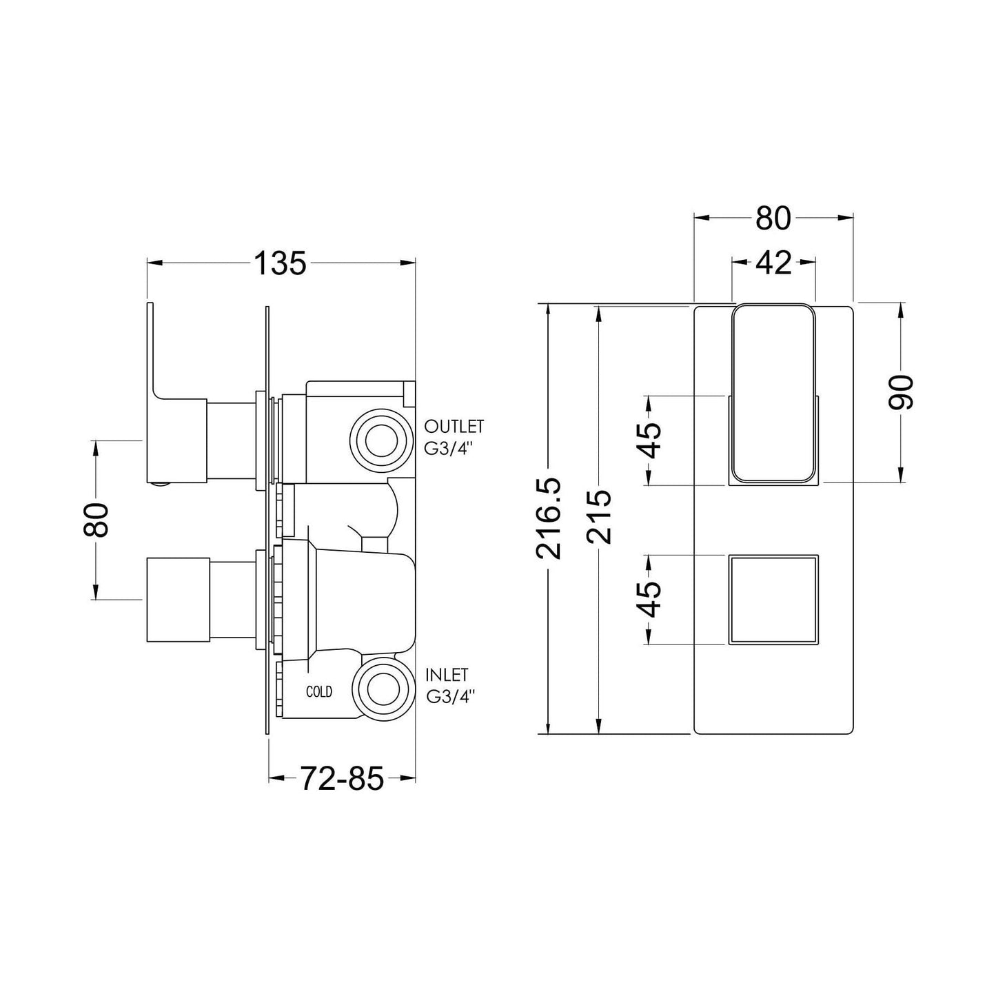 [BSEM8TW02] Empire Contemporary Square Concealed Twin Thermostatic Shower Valve with Diverter, 215mm - Brushed Brass by Balterley - Technical Drawing