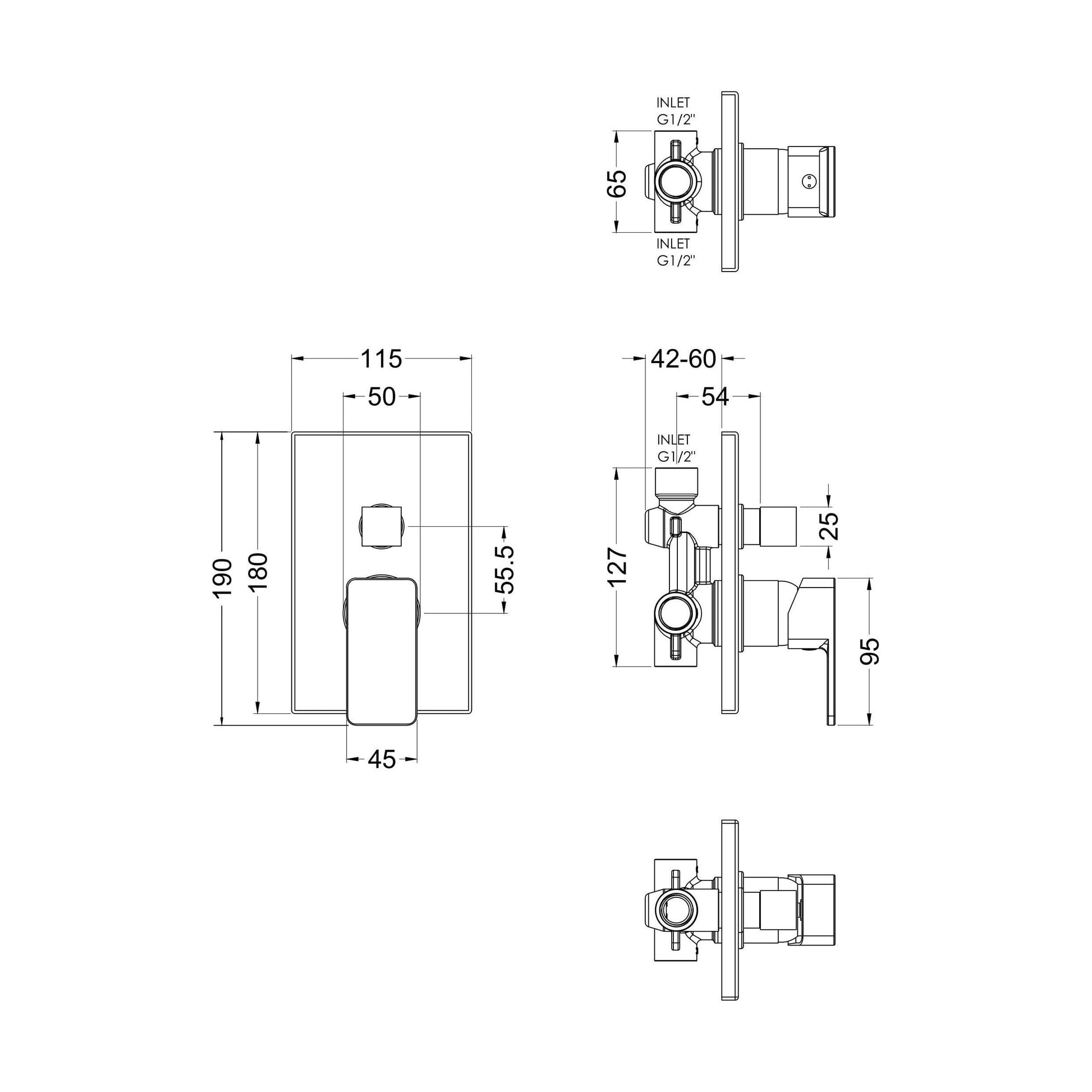 [BSEMMV12] Empire Square Concealed Manual Shower Valve with Diverter (2 Outlets) - Chrome - Balterley - Technical Drawing