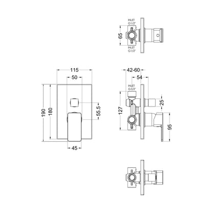 [BSEMMV12] Empire Square Concealed Manual Shower Valve with Diverter (2 Outlets) - Chrome - Balterley - Technical Drawing