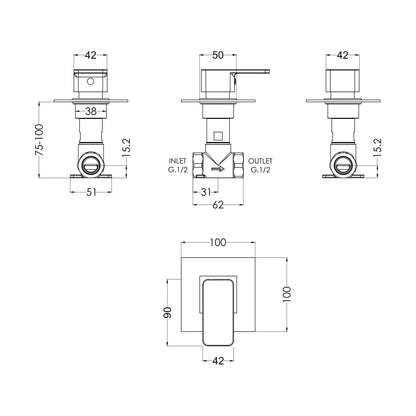 [BSEMST10] Empire Square Concealed Shower Stop Tap - Chrome - Balterley - Technical Drawing