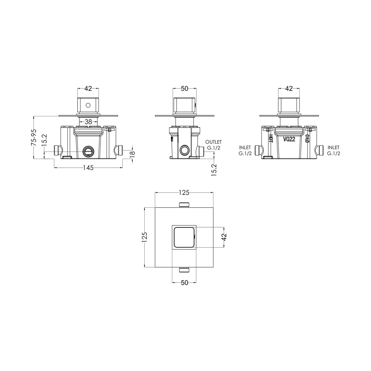 [BSEMTC11] Empire Square Concealed Thermostatic Temperature Control Shower Valve - Chrome - Balterley - Technical Drawing