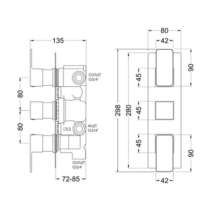 [BSEMTR03] Empire Square Concealed Thermostatic Triple Shower Valve with Diverter (3 Outlets) - Chrome - Balterley - Technical Drawing