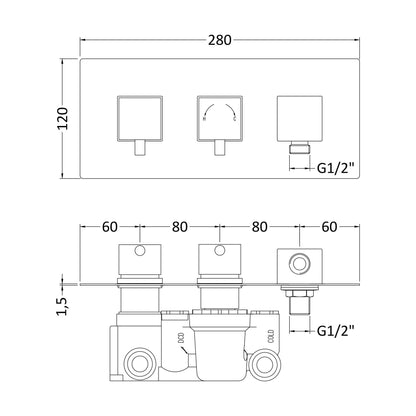 [BSFA077] Square Concealed Twin Thermostatic Shower Valve With Diverter (1 Outlet) - Chrome - Balterley - Technical Drawing