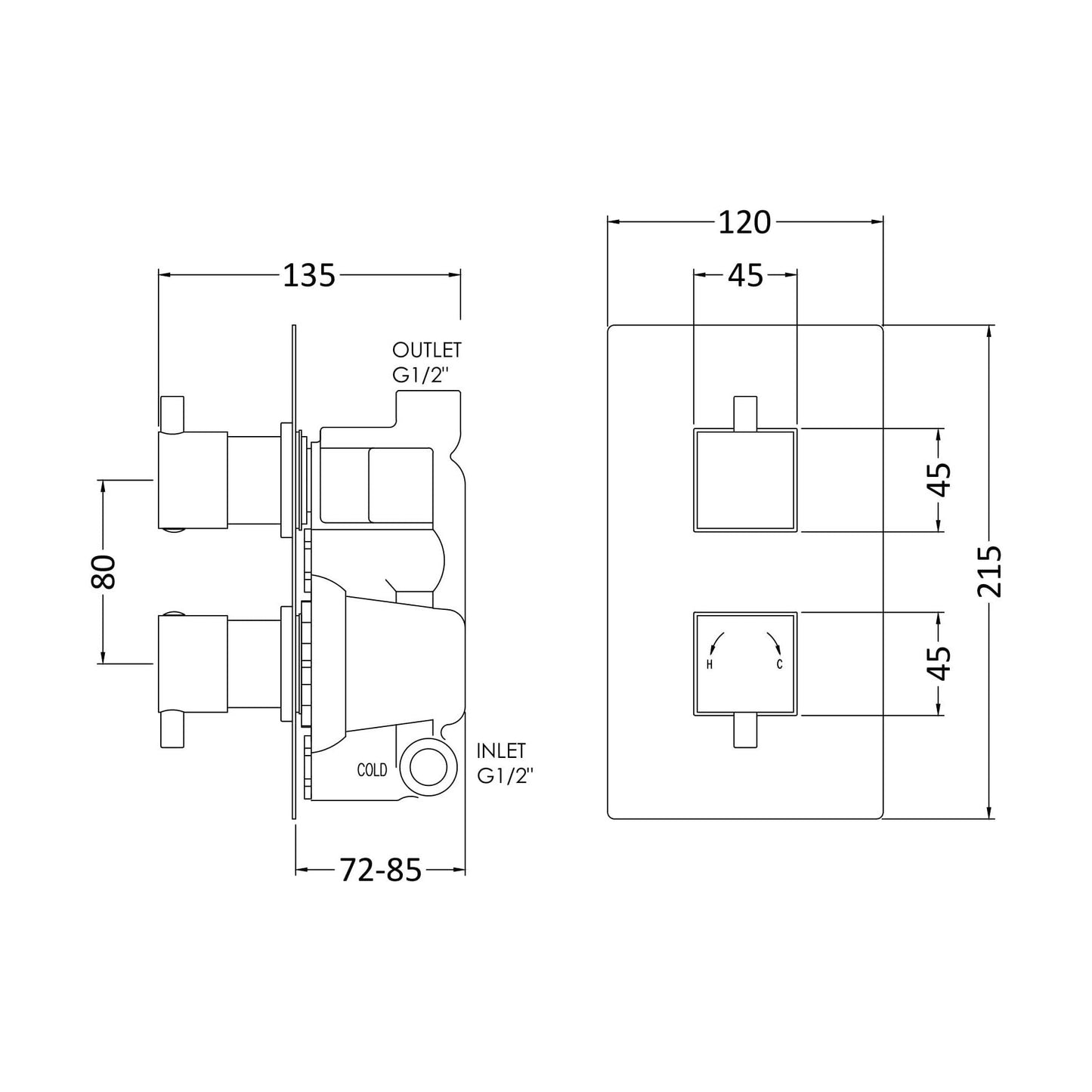 [BSFA301] Balterley Contemporary Square Concealed Twin Thermostatic Shower Valve 1 Outlet - Chrome - Technical Drawing