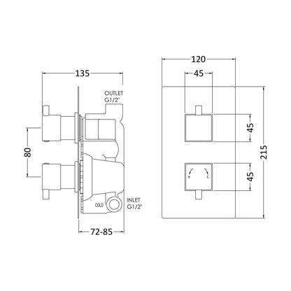 [BSFA301] Balterley Contemporary Square Concealed Twin Thermostatic Shower Valve 1 Outlet - Chrome - Technical Drawing