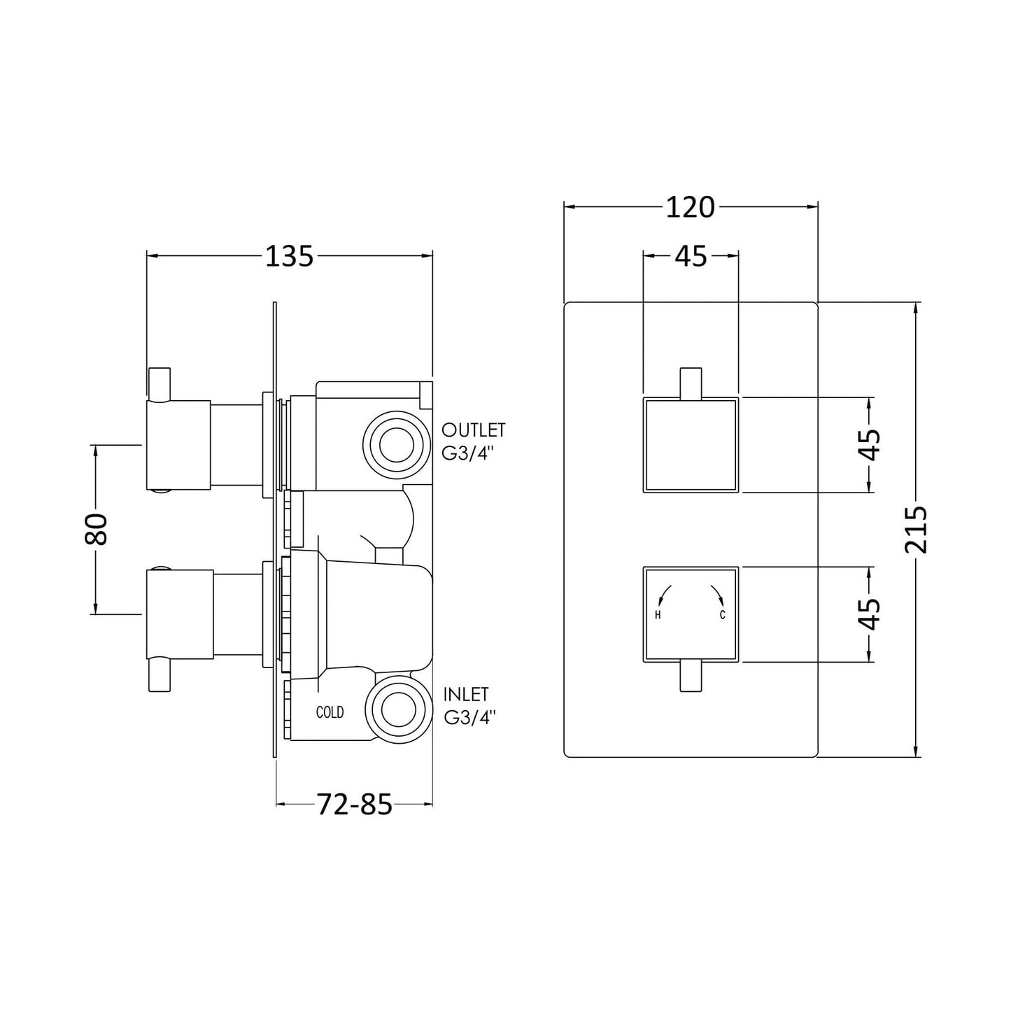 [BSFA302] Balterley Contemporary Square Concealed Twin Thermostatic Shower Valve with Diverter 2 Outlets - Chrome - Technical Drawing