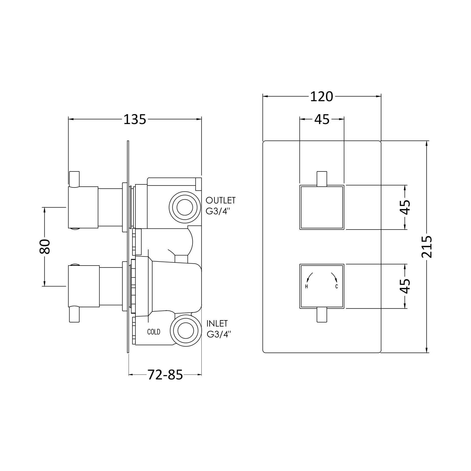 [BSFA302] Balterley Contemporary Square Concealed Twin Thermostatic Shower Valve with Diverter 2 Outlets - Chrome - Technical Drawing