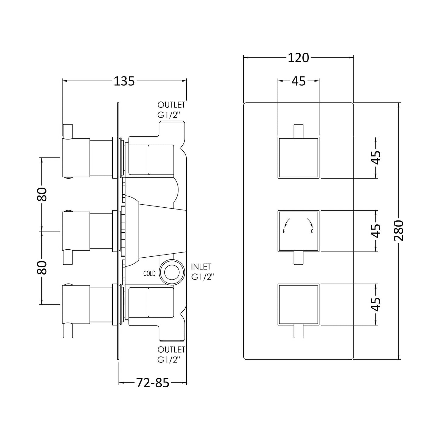 [BSFA303] Balterley Contemporary Square Concealed Triple Thermostatic Shower Valve 2 Outlets - Chrome - Technical Drawing