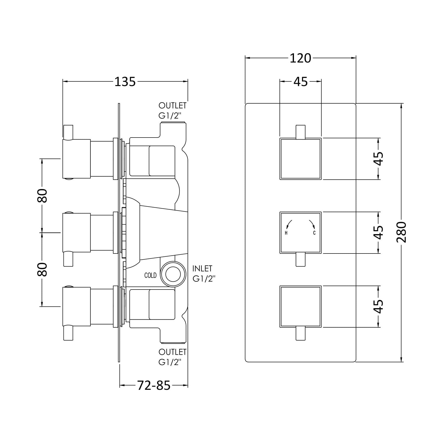[BSFA303] Balterley Contemporary Square Concealed Triple Thermostatic Shower Valve 2 Outlets - Chrome - Technical Drawing