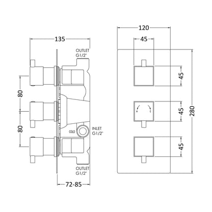 [BSFA303] Balterley Contemporary Square Concealed Triple Thermostatic Shower Valve 2 Outlets - Chrome - Technical Drawing