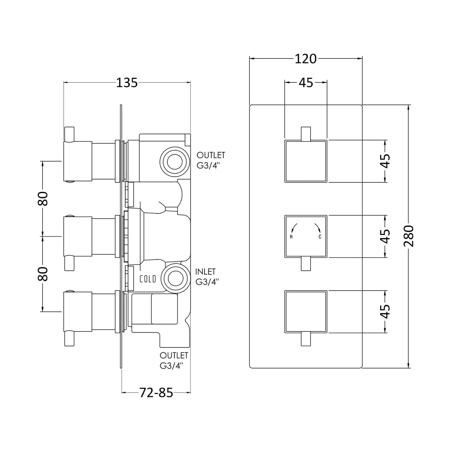 [BSFA311] Balterley Contemporary Square Concealed Triple Thermostatic Shower Valve with Diverter 3 Outlets - Chrome - Technical Drawing