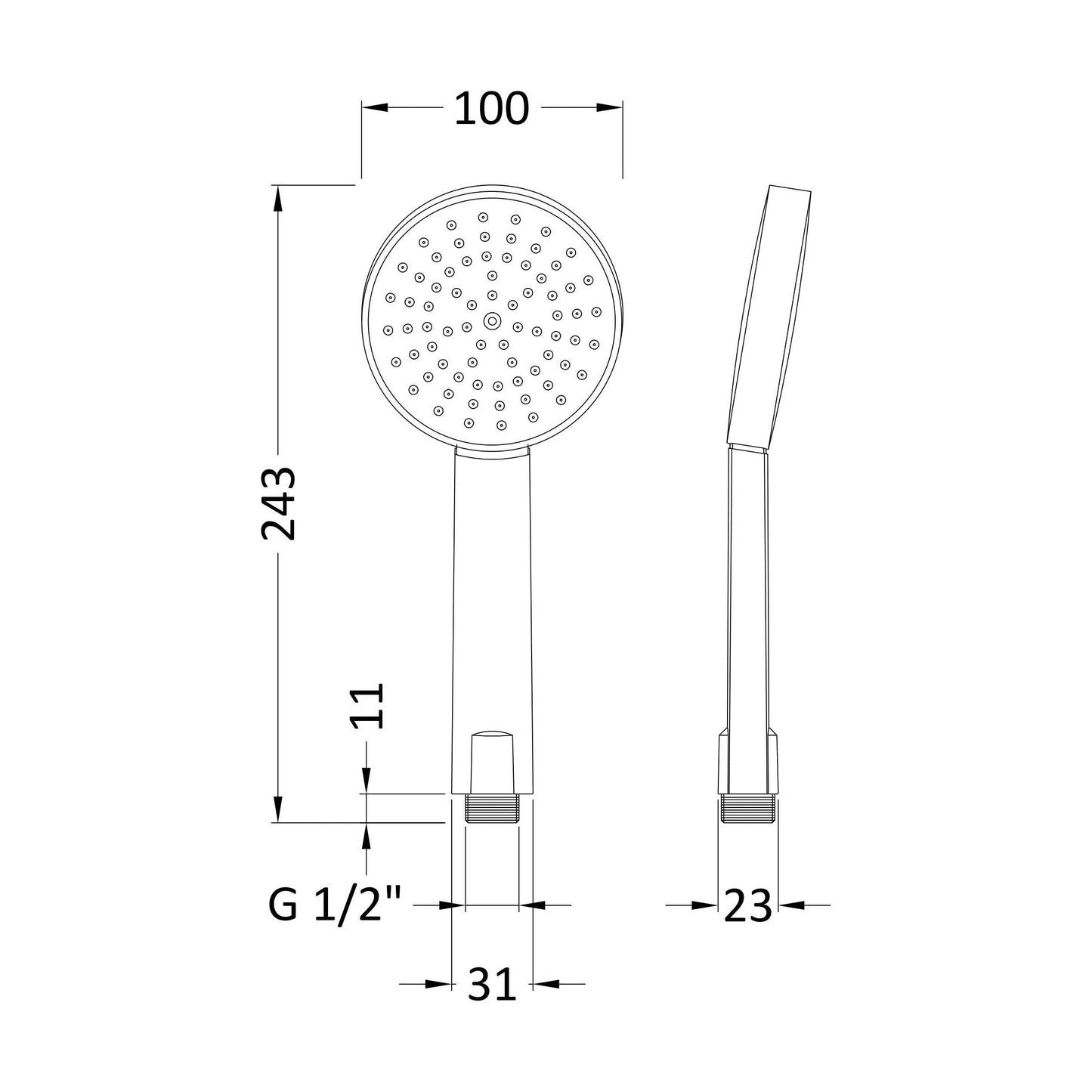 [BSHS001] Balterley Contemporary Single Function Water Saving Shower Handset - Chrome - Technical Drawing