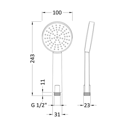 [BSHS001] Balterley Contemporary Single Function Water Saving Shower Handset - Chrome - Technical Drawing