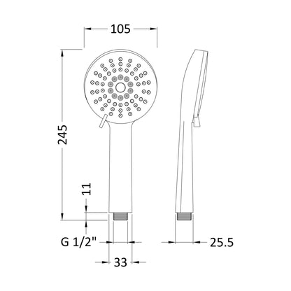 [BSHS002] Balterley Multi Function Water Saving Shower Handset - Chrome - Technical Drawing