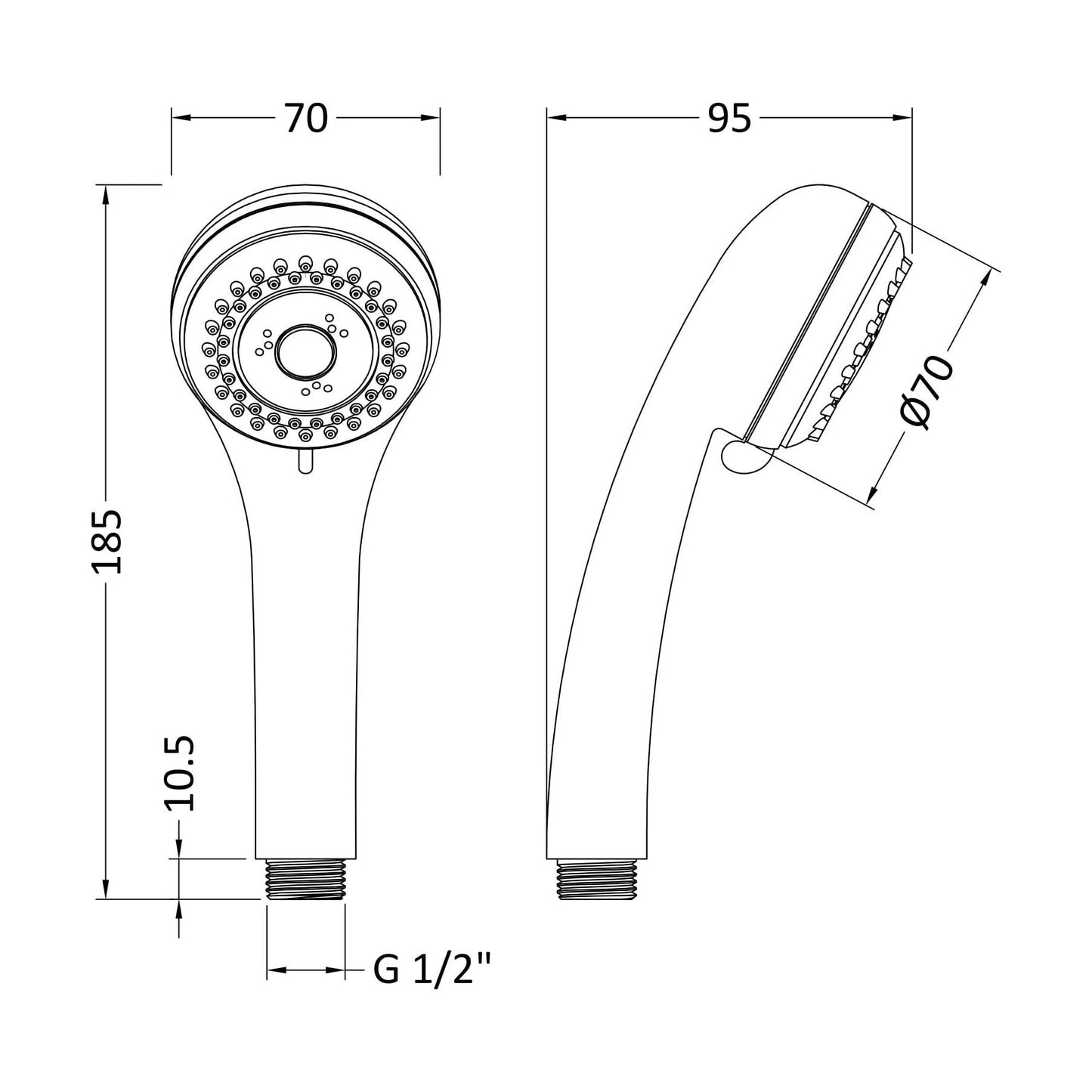 [BSHS371] 3 Function Water Saving Handset - Chrome - Technical Drawing