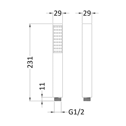 [BSHS410] Balterley Contemporary Minimalist Square Single Function Shower Handset - Matt Black - Technical Drawing