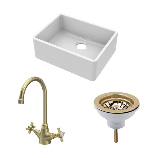 [BSK201WT11] Traditional Fireclay Kitchen Bundle: Single Bowl Butler Sink Strainer Waste & Mono Crosshead Handle Mixer Tap, 595mm - Brushed Brass - Cutout