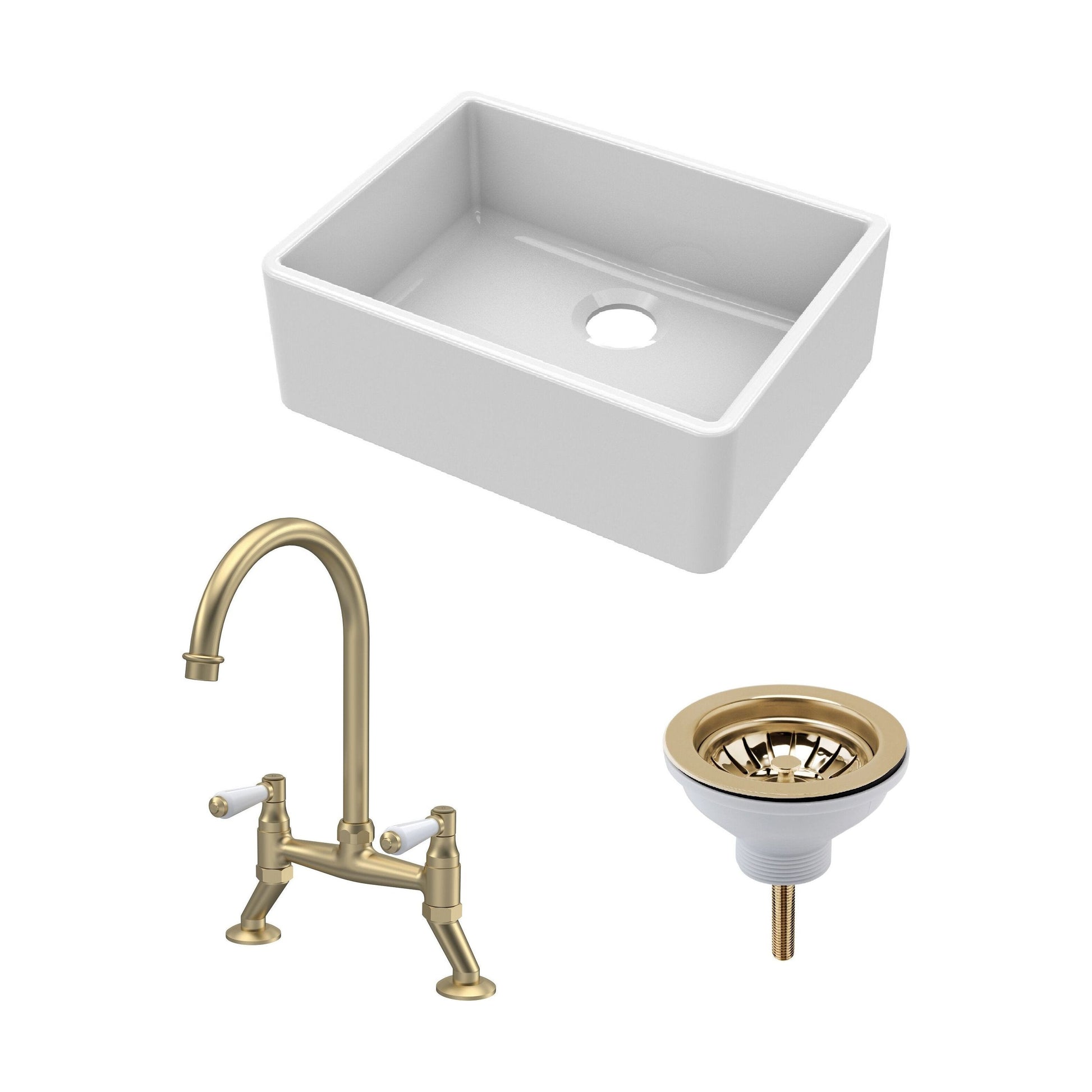 [BSK201WT15] Fireclay Kitchen Bundle: Single Bowl Butler Sink, Strainer Waste & Bridge Lever Mixer Tap, 595mm - Brushed Brass - Cutout
