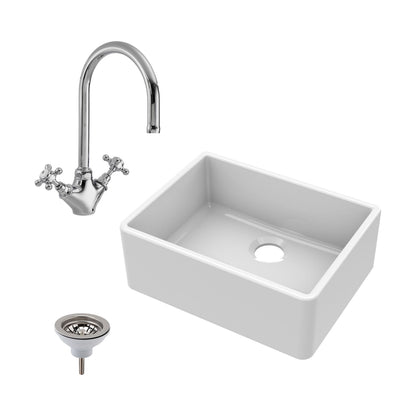 [BSK201WT2] Single Bowl Fireclay Ceramic Butler Kitchen Bundle with Waste & Mixer Tap - Cutout