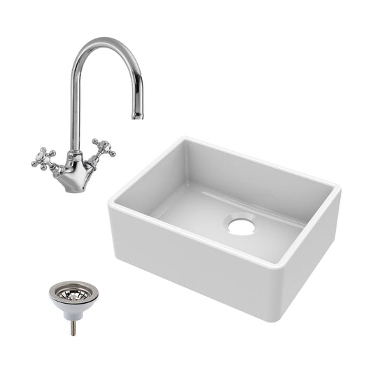 [BSK201WT2] Single Bowl Fireclay Ceramic Butler Kitchen Bundle with Waste & Mixer Tap - Cutout