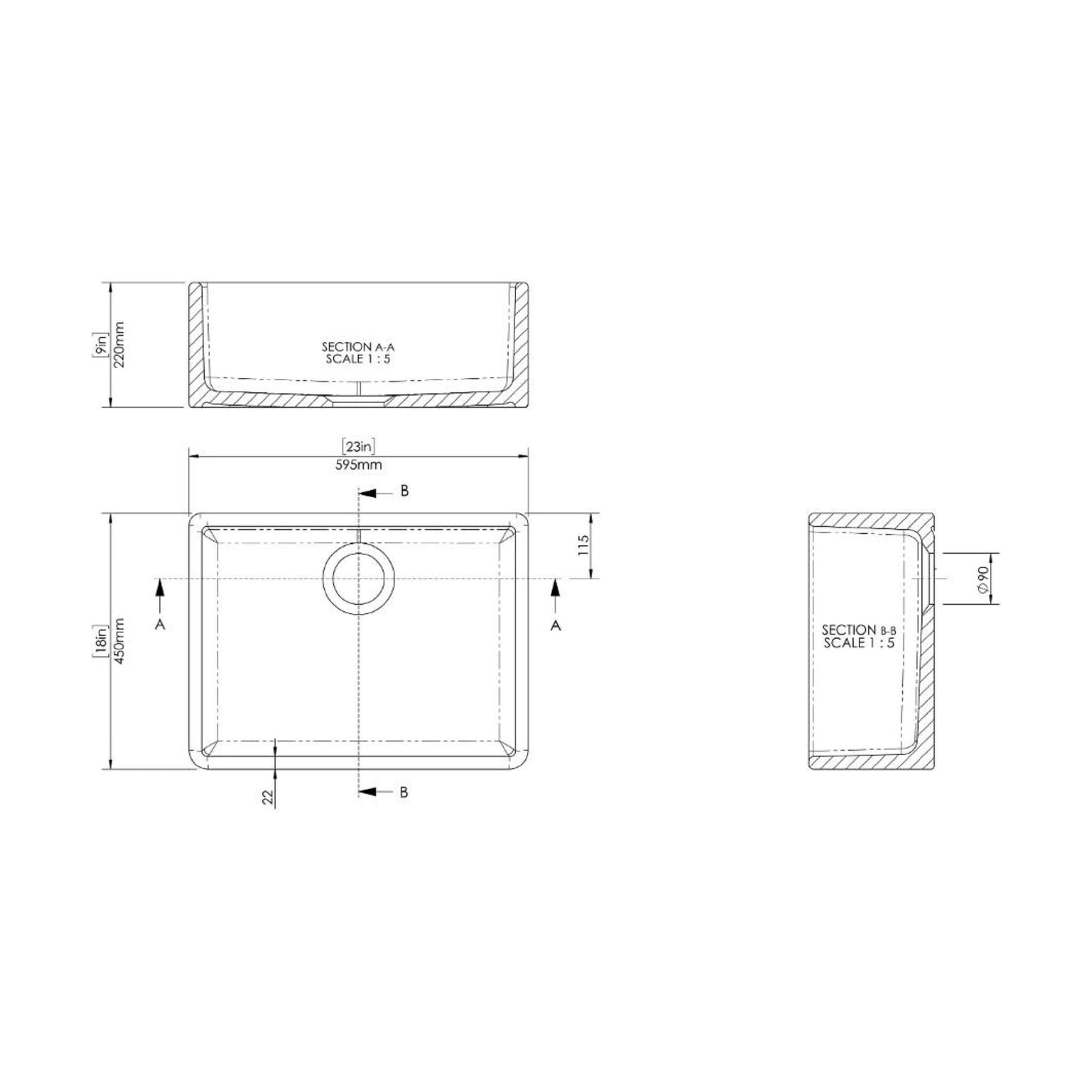[BSK201WT2] Single Bowl Fireclay Ceramic Butler Kitchen Bundle with Waste & Mixer Tap - Technical Drawing