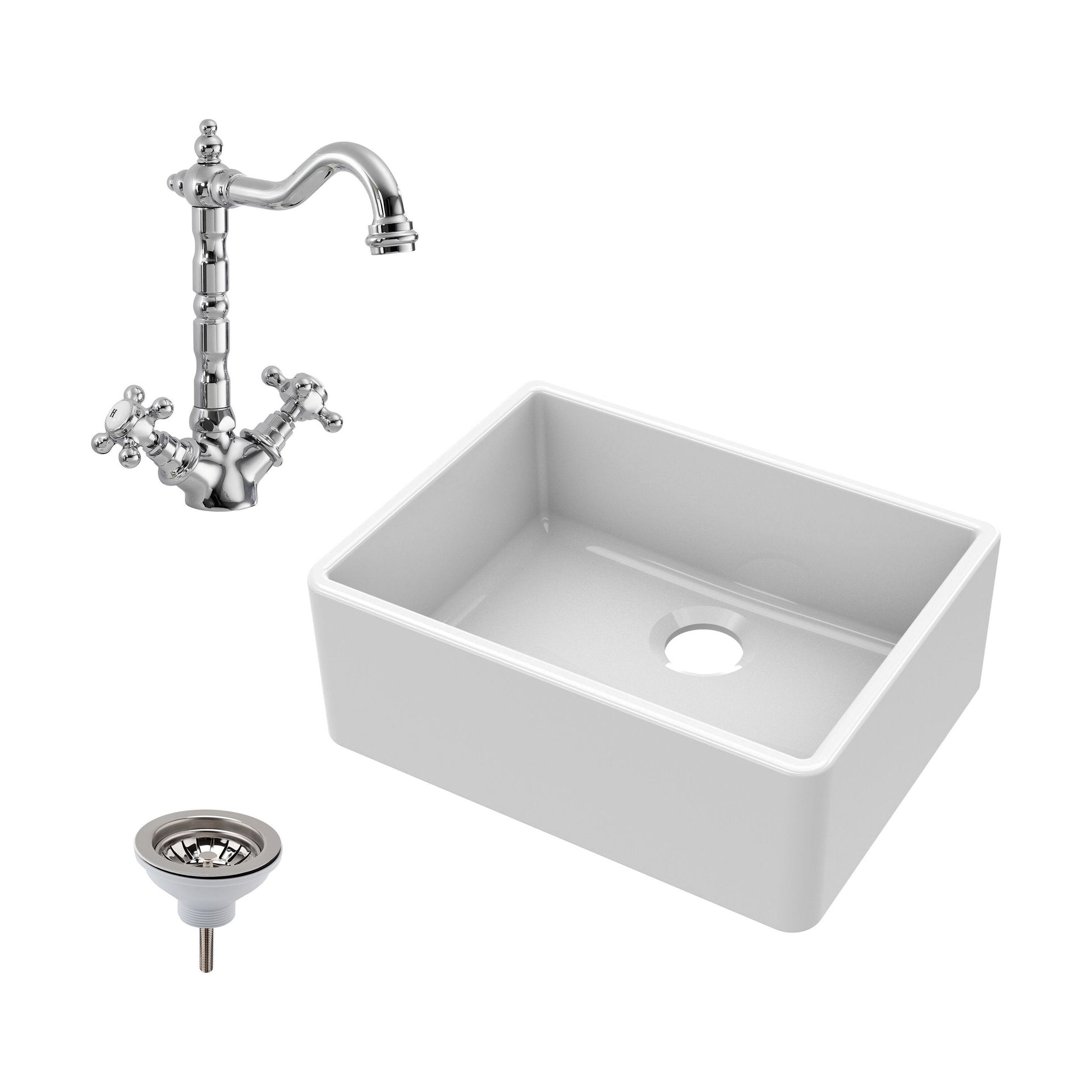 [BSK201WT4] Single Bowl Fireclay Ceramic Butler Kitchen Bundle with Compatible Waste & French Tap - Cutout