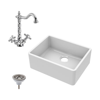 [BSK201WT4] Single Bowl Fireclay Ceramic Butler Kitchen Bundle with Compatible Waste & French Tap - Cutout
